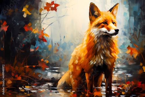 An Abstract Expressionist interpretation  curious journey of a fox through the woods