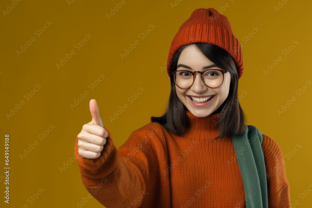 Check this offer, Positive young woman pointing thumb finger aside at free space, advertising your text or design Check this offer, Positive young woman pointing thumb finger aside at free space, advertising your text or design