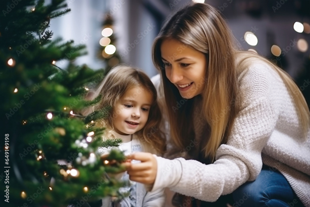 Photo of a woman and a little girl admiring a beautifully decorated Christmas tree Photo of a woman and a little girl admiring a beautifully decorated Christmas tree