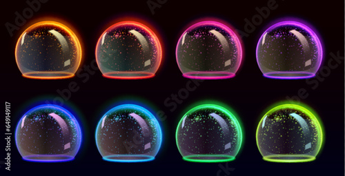 Sphere shield with glow textured surface for covering and protection - realistic 3d vector of shining defensive globe with transparency effect. Neon glass half ball with force field or energy barrier.