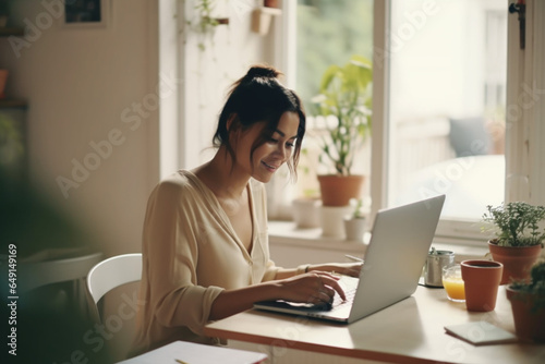 Cheerful Business Woman Working from Home on Laptop Computer