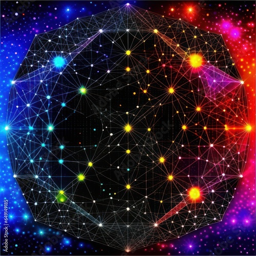 Geometric galaxy shapes and stars, background.