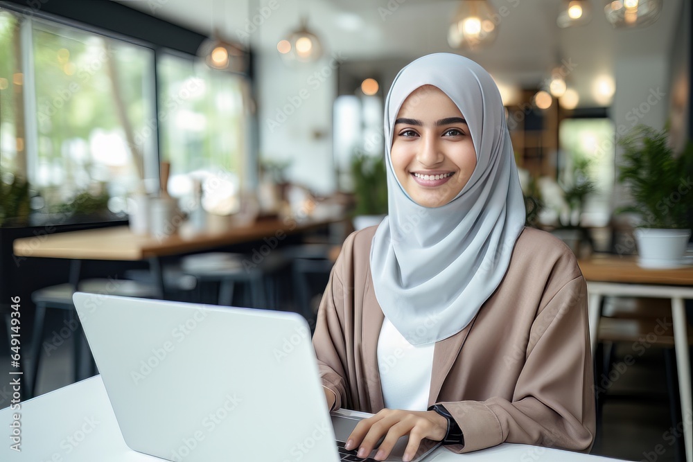 Portrait of Beautiful Muslim Female Student Online Learning in Coffee Shop, Young Woman with Hijab Studies with Laptop in Cafe, Girl Doing Her Homework