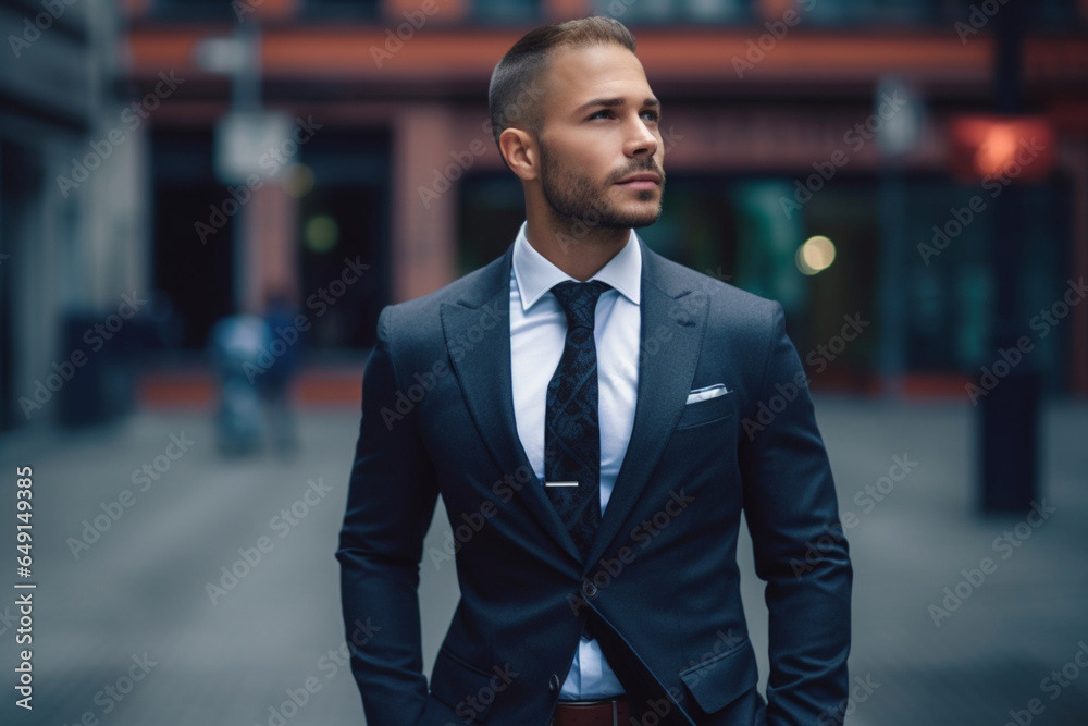 Charismatic young man in elegant suit with tie with hand in pocket spending time in street of city looking away
