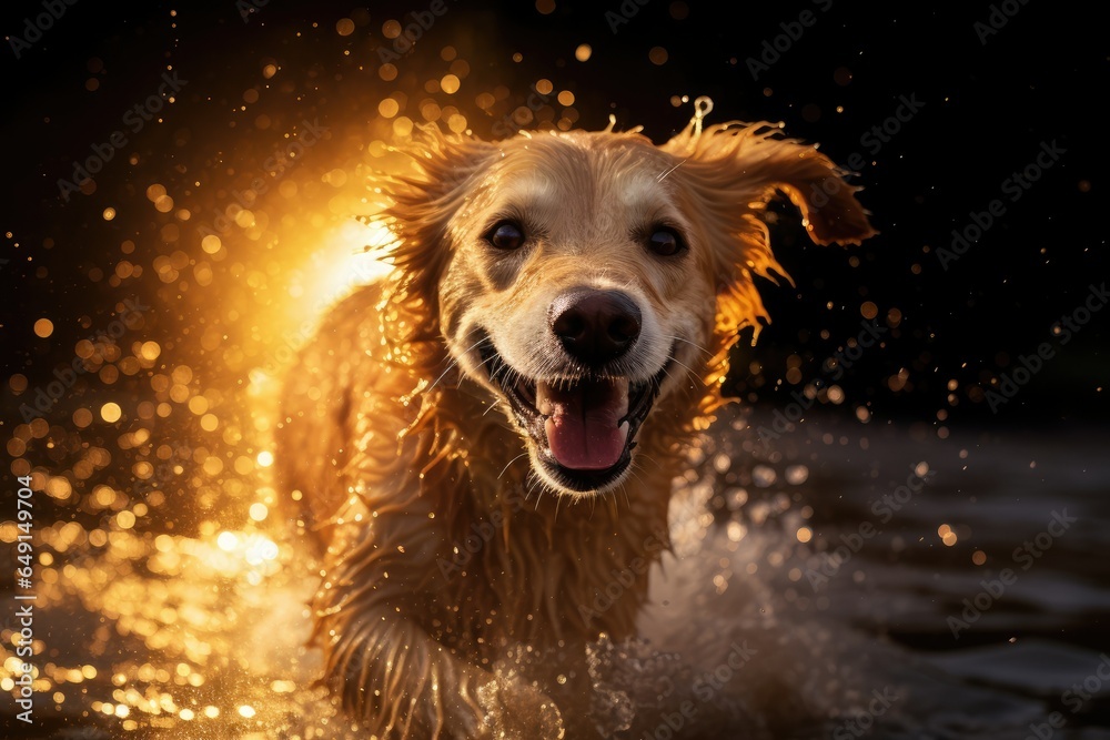 Dog Splashing In The Water, Running Towards Camera , Golden Hour And ...