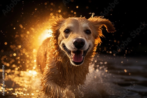 dog splashing in the water, running towards camera , golden hour and golden sunlight, generative ai © Gasi