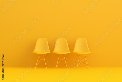 Room interior with three empty yellow modern plastic chairs on white background. 3D render.