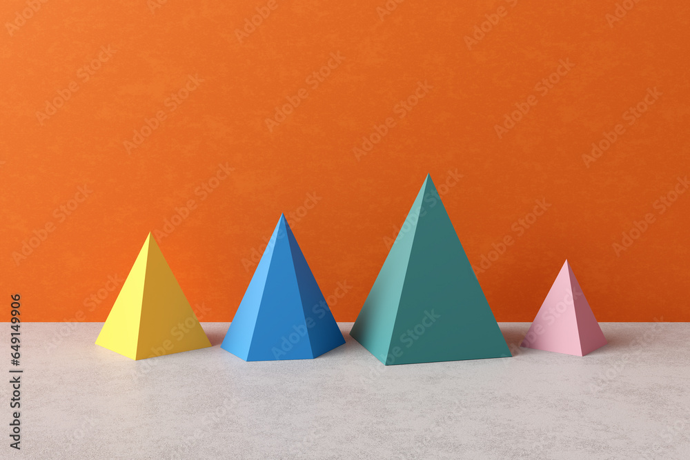 Three-dimensional prism pyramid objects on orange or yellow colored background. Simplicity and harmony concept.