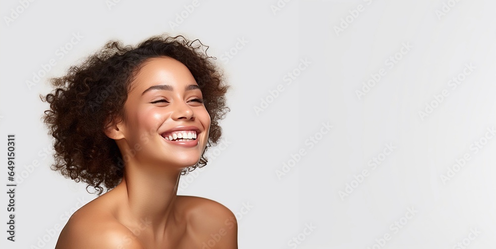 Natural beauty young female model with beautiful smile on white background.Space for text.AI Generative - obrazy, fototapety, plakaty 