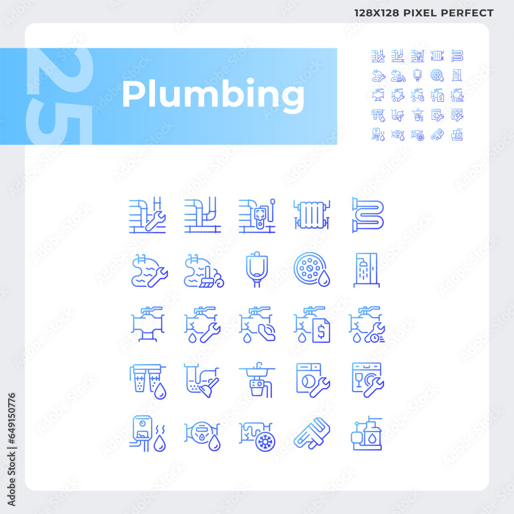 Pixel perfect gradient icons set representing plumbing, blue thin line illustration.