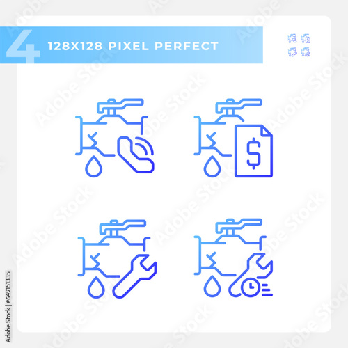 Pixel perfect gradient icons set representing plumbing, blue thin line illustration.