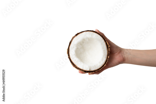 Healthy and diet: Hand holding half of coconut on a white background.