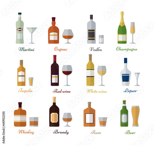 Beverages in flat design. Set of 12 alcohol bottles and glasses. Alcoholic drinks with wineglasses. Vector illustration. Icons isolated on white background.