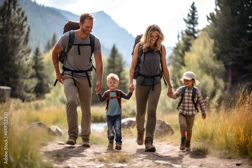 Back view of family walking in mountain forest enjoying hiking together