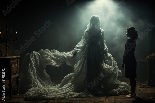 Ghostly figure hovering over a figure trapped in a restless slumber 