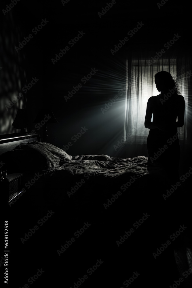 Shadowy figure looming over sleeping figure background with empty space for text 