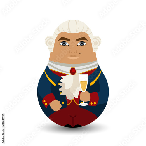 Baron. High society at court. A man in a white wig and a glass of wine in his hand in a doublet. Design tilting toy. Modern kawaii dolls for your business project. Flat vector