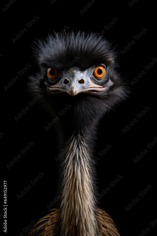 Emu bird isolated on a black background