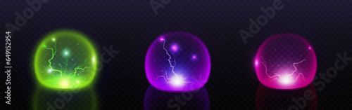 Protect sphere shield, 3d dome bubble barrier effect. Abstract energy circle glass field with light and thunder. Cyber safety technology cover concept. Ai defence glow thunderbolt round element.