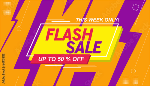 Modern orange purple flash sale background. Design with bolt, lines and fast effect. 50 % big sale banner