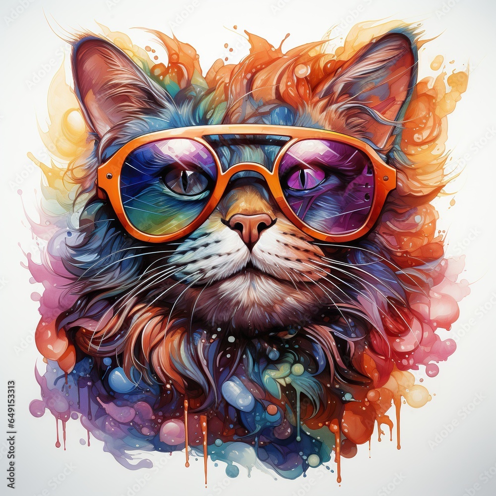 A psychedelic cat portrait wearing with stylish sunglasses. on pure white background. Generative Ai