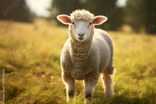 portrait of a small adorable lamb in the field at sunlight