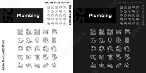 Pixel perfect dark and light icons set representing plumbing, editable thin line illustration.