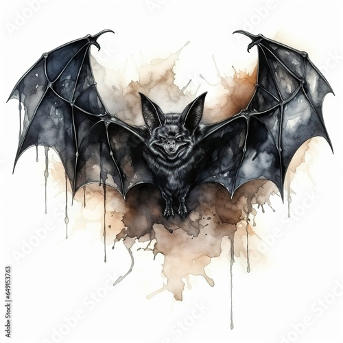 Watercolor drawing of a scary bat, Halloween element. Generative Ai