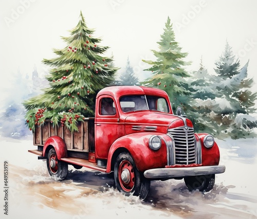 A vintage red truck with Christmas trees, in a snow, landscape. Generative Ai