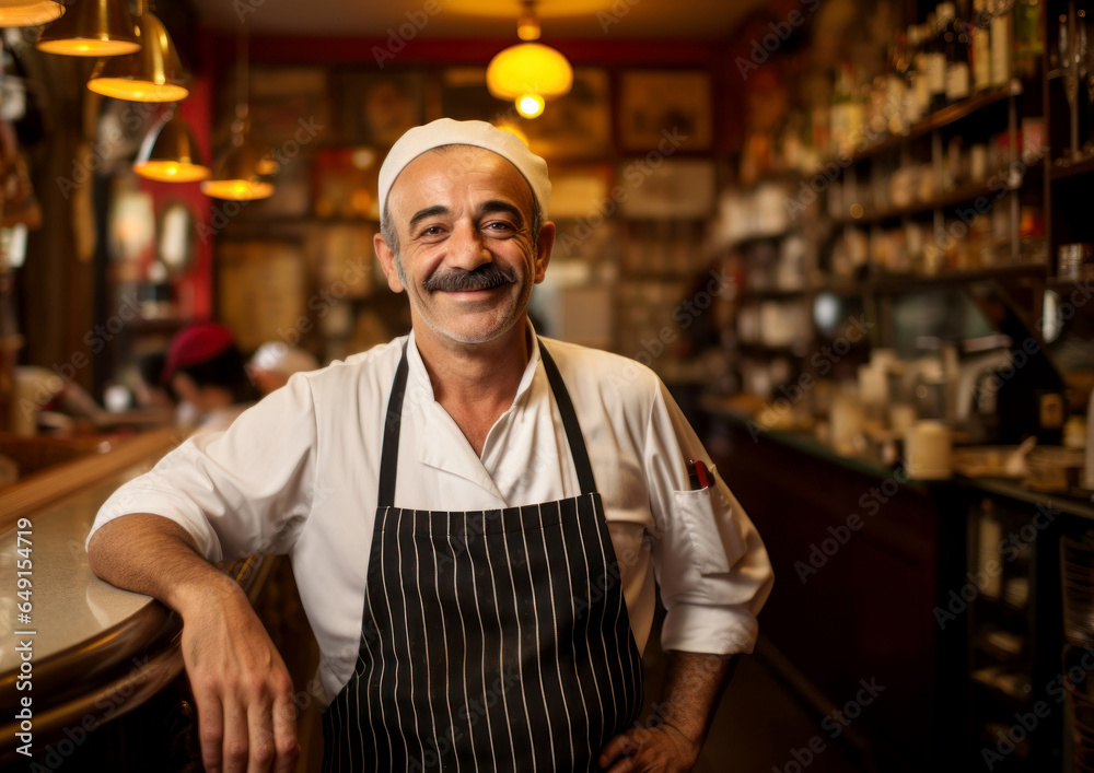 Fototapeta premium Smiling male business owner in an apron. Small cafe concept