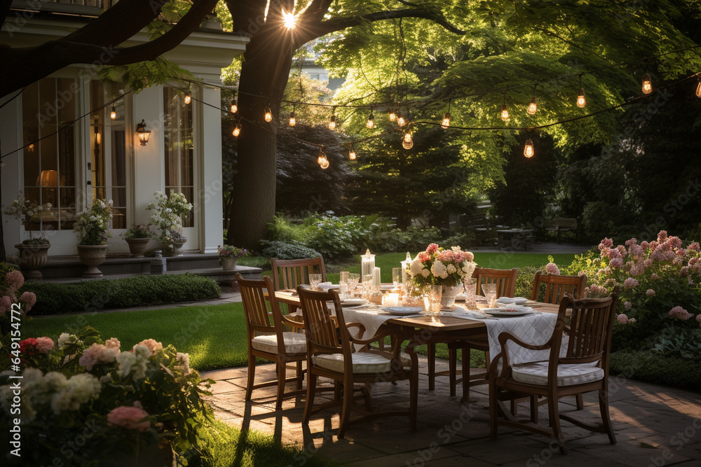 photo of an elegantly set outdoor dining area within a garden, featuring a beautifully arranged table for a romantic or upscale dining experience