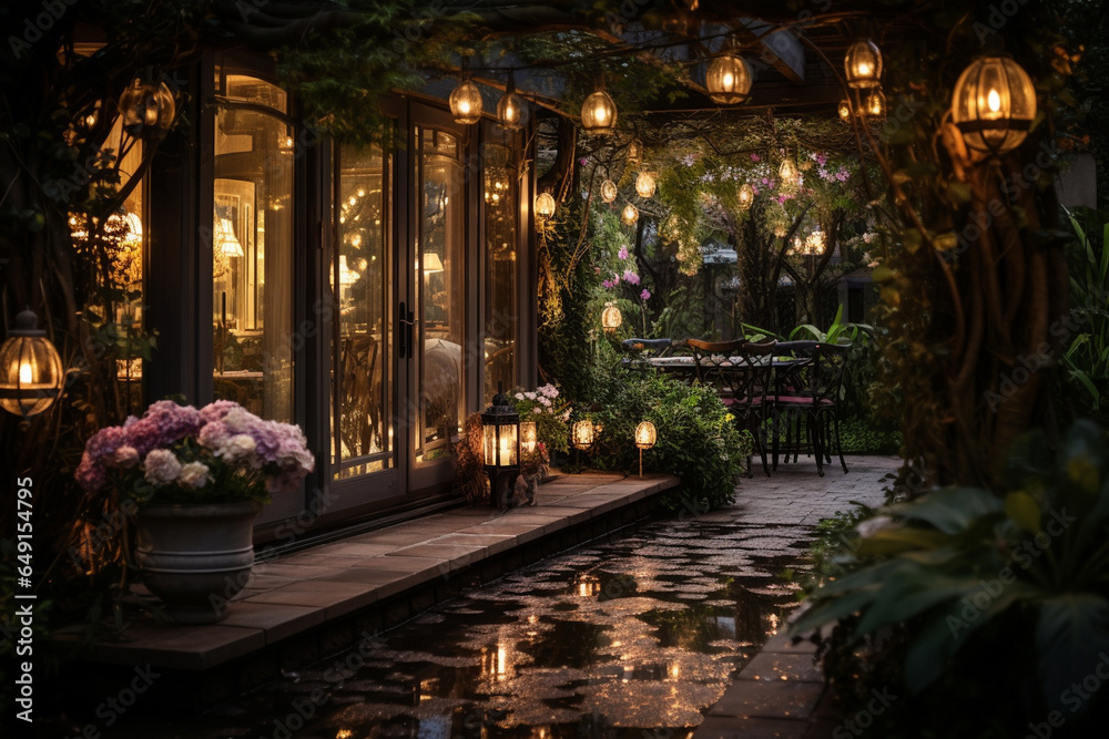 photo capturing the serenity and magic of an elegant garden at night, with soft lighting creating an enchanting atmosphere for an evening stroll