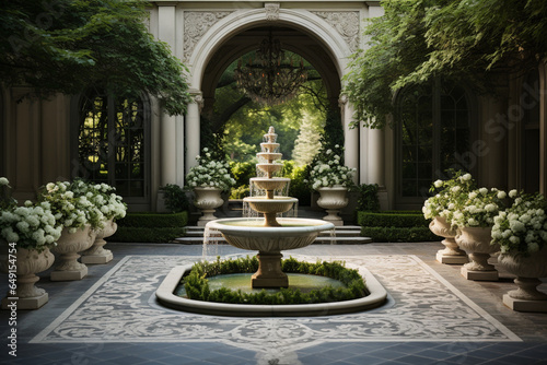 elegant garden adorned with a classical fountain as its centerpiece, surrounded by lush greenery and ornate sculptures