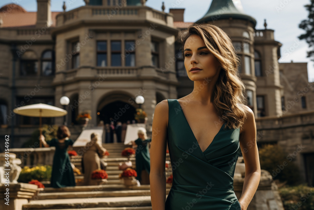 Φωτογραφία girl posed in front of a grand, historic mansion, her old money-style clothing h