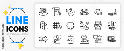 Creative idea, Farsightedness and International recruitment line icons set for app include Bitcoin system, 360 degree, Organic product outline thin icon. Clipboard, Online payment. Vector