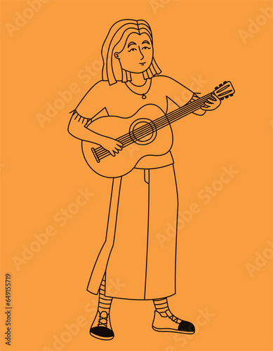 Woman playing acoustic guitar. Female jazz musician in outline style.