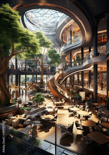 Modern futuristic mall shopping center interior