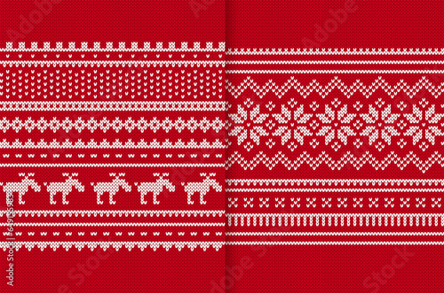 Xmas knitted seamless print. Christmas red textures. Knit fair isle traditional frames. Holiday background ornaments. Festive sweater border. Vector illustration.