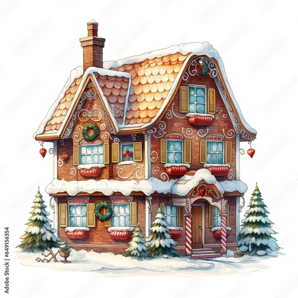 Gingerbread house watercolor illustration on white background.