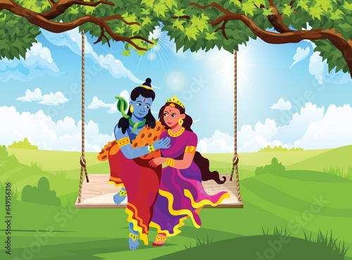 Shiva and Parvati flat color vector illustration. Hindu god and goddess sit on traditional swing during day. Folk Nepal legend. Indian deity couple 2D cartoon characters with cityscape on background