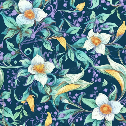 Jasmine flowers and paisley motifs inter woven seamless pattern, AI Generated photo