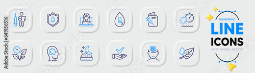 Leaves, Leaf dew and Mental conundrum line icons for web app. Pack of Tanning time, Mattress, Blood donation pictogram icons. Telemedicine, Vaccination passport, Anxiety signs. Vector