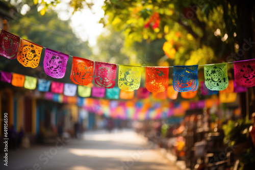 Colorful Papel Picado banners fluttering in Day of the Dead festivities  © fotogurmespb