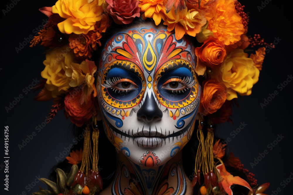 Detailed skull face paint for Day of the Dead celebrations isolated on a gradient background 