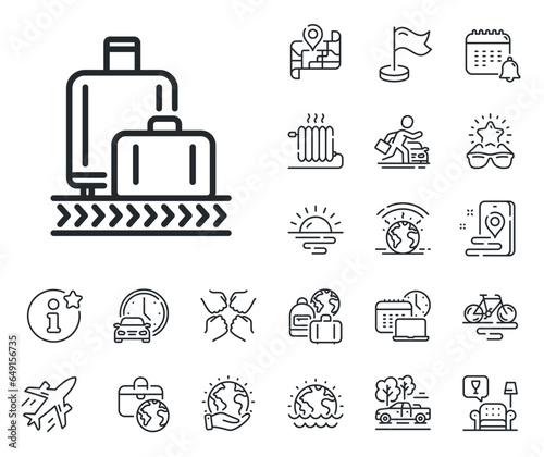 Airplane luggage lane sign. Plane jet, travel map and baggage claim outline icons. Airport baggage reclaim line icon. Flight checked bag symbol. Baggage reclaim line sign. Vector