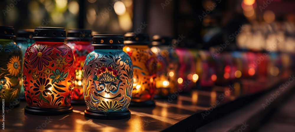 Luminous candles and lanterns casting soft shadows in Day of the Dead night scene 