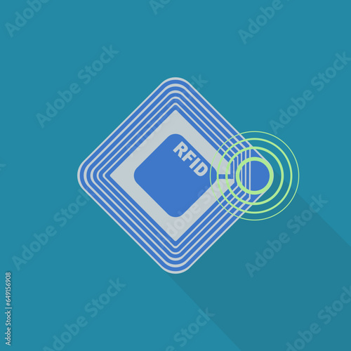 Isolated radio ID chip with wave emissions on blue background with shadow in flat design style