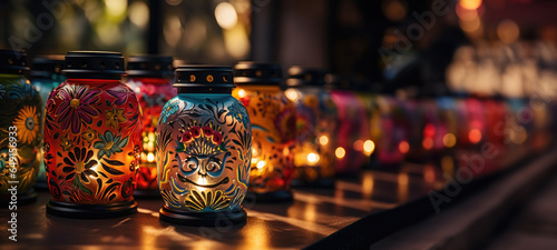 Luminous candles and lanterns casting soft shadows in Day of the Dead night scene 