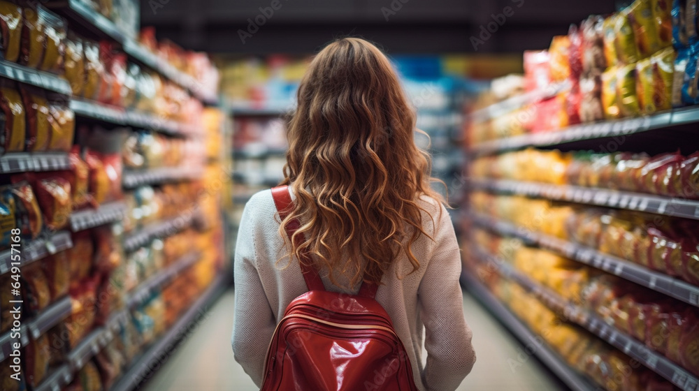 rear view of a girl with long hair standing in a supermarket picking out groceries
