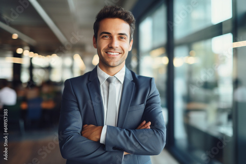 Business man, ceo and smile of a corporate lawyer with company vision and success, Motivation, happiness and confident law firm manager with blurred background ready for legal work feeling happy © alisaaa